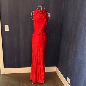 Scarlet Satin Cowl-Neck Maxi Dress